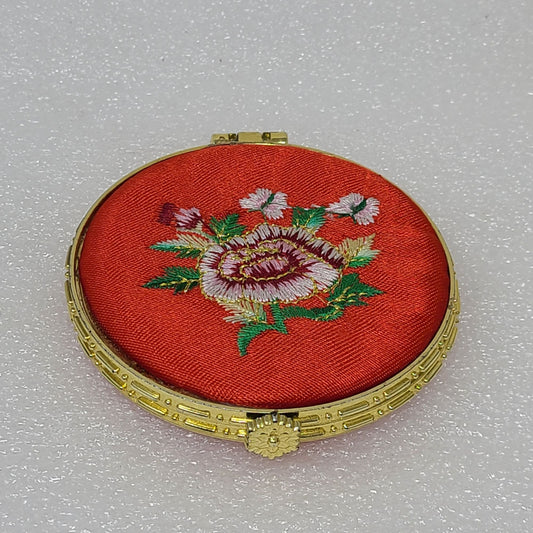 Peony Embroidered Hand Purse Mirror Compact Red