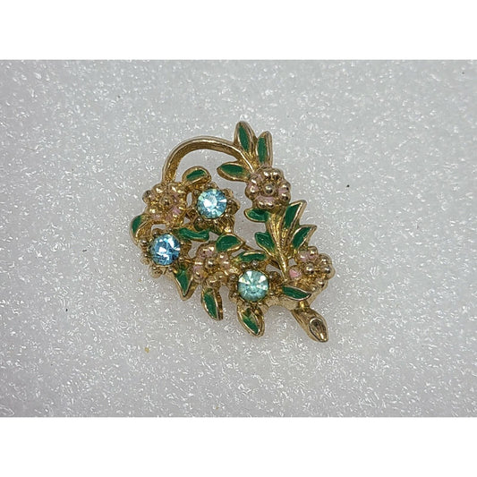 Vintage Flower Brooch Pink & Green Enamel W/ Blue Rhinestones Gold Tone