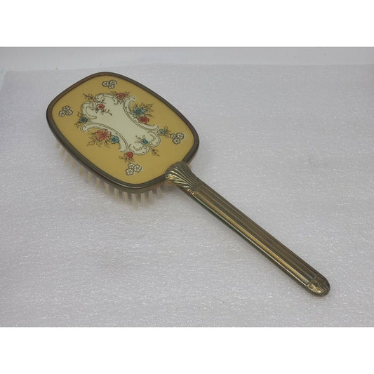 Vintage Vanity Hair Brush Yellow Floral Gold Tone Flowers